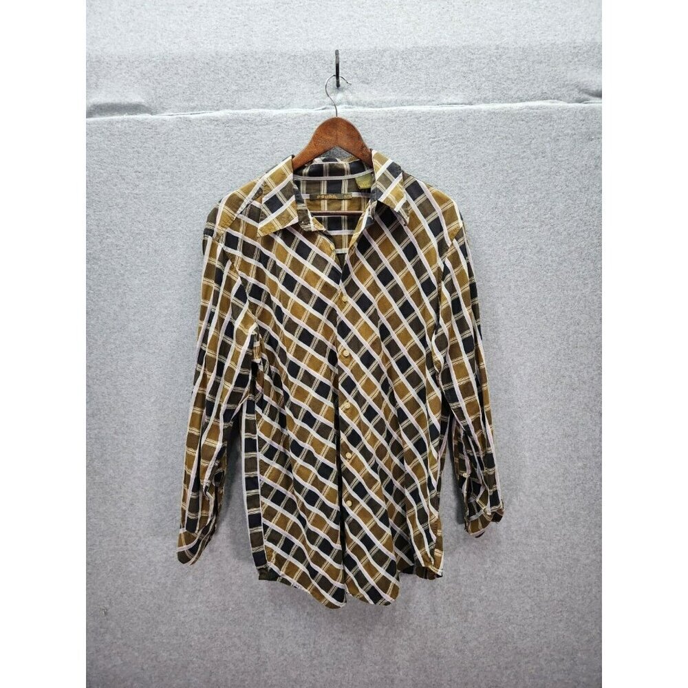 Psudo Men’s Button Down Blue‎ Plaid Long Sleeve Shirt Size XL